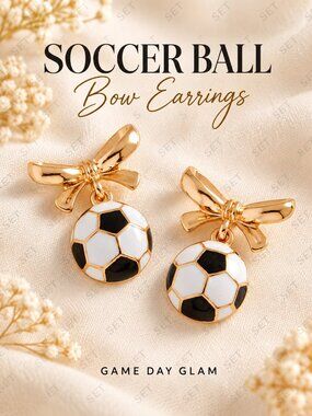 Gold Tone Soccer Ball Bow Dangle Earrings Black White Game Day Jewelry